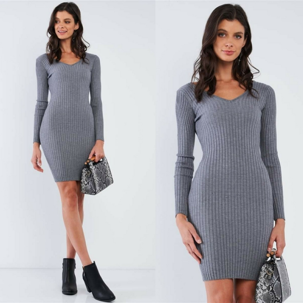 Melbourne Ribbed V Neck Mini Dress (Heather Gray)